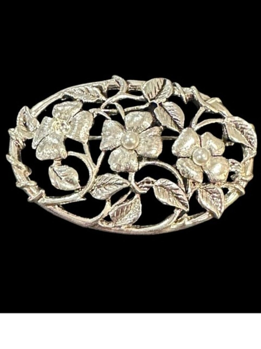 Vintage Danecraft Brooch Silver Tone Faux Pearl Detail Floral Center Signed